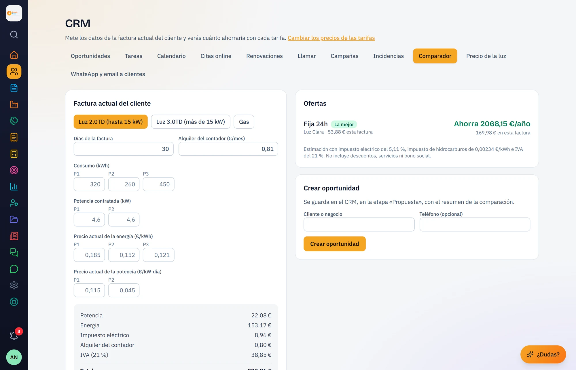 Comparador de ofertas de luz con el ahorro calculado