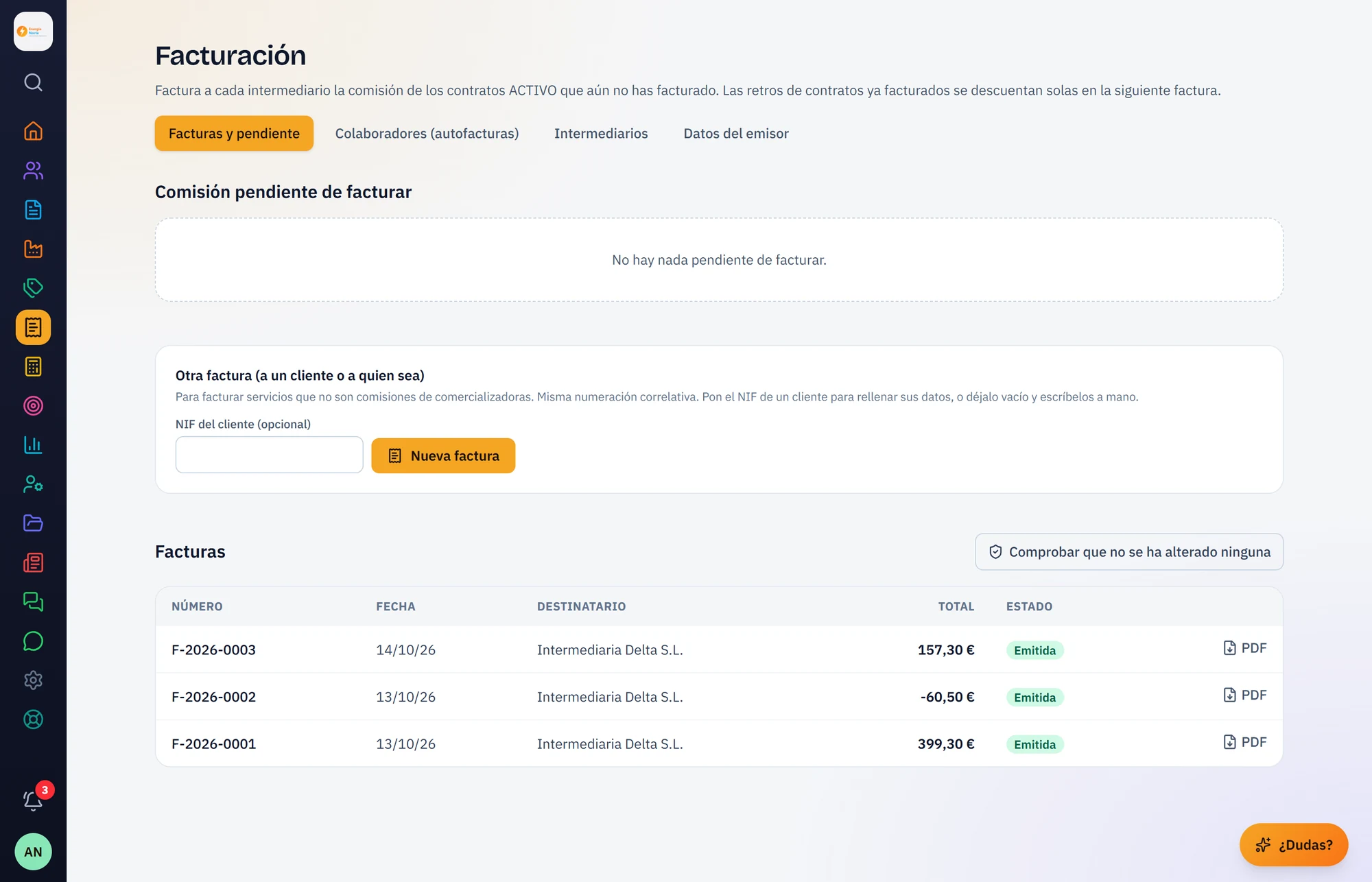 Facturas con numeración, PDF y comprobación de integridad
