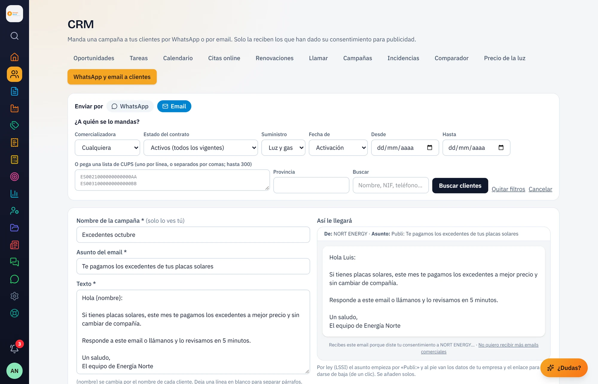 Campaña de email con filtros y vista previa